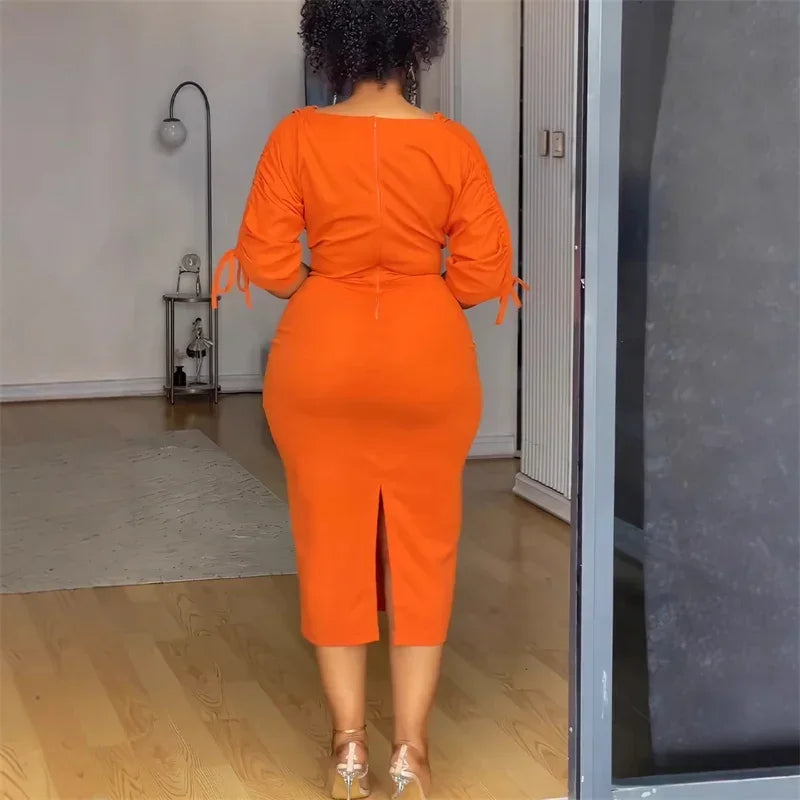 Pencil Midi Dress - Vintage Office Drawstring Ruched