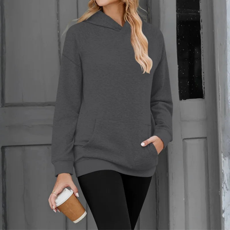 Polerón Mujer Capucha Manga Caída Color Sólido Bolsillos