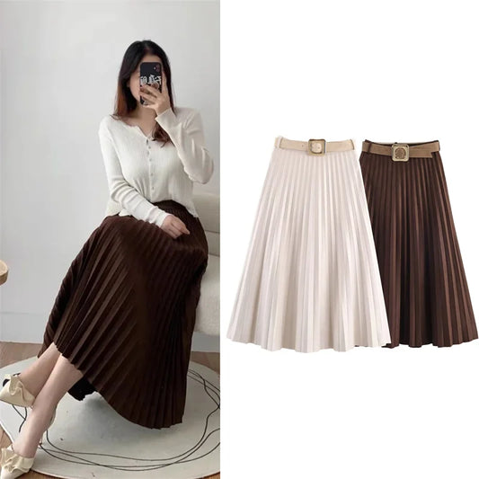 Velvet Midi Skirt - Belted Pleated Long