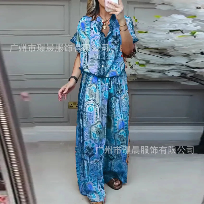 Conjunto Casual Mujer Top Estampado Pierna Ancha Suelto