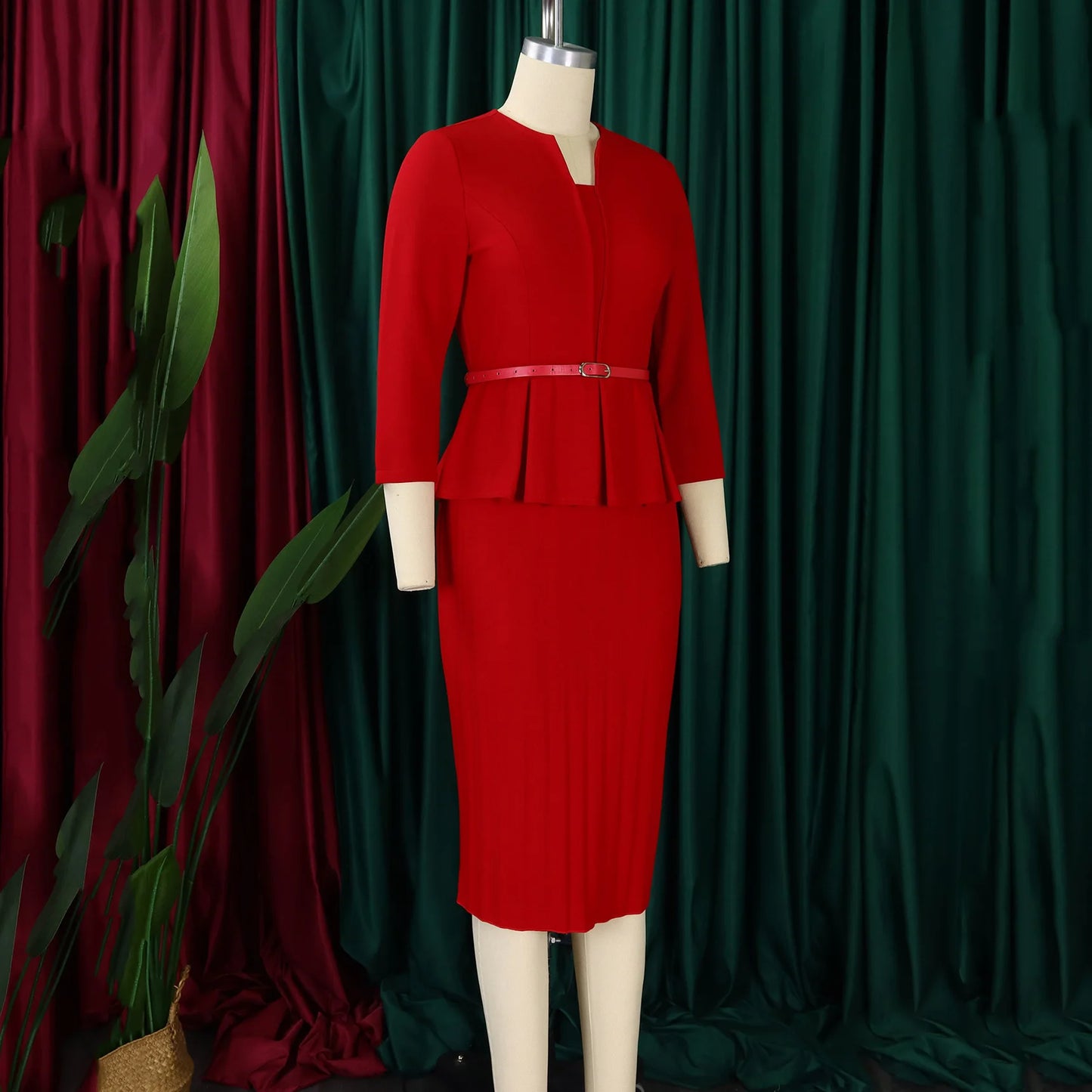 Office Dress - V Neck Belt Midi Professional 2024