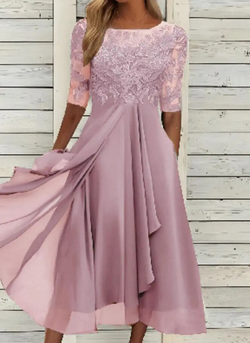 Vestido Midi Elegante Mujer Asimétrico Encaje Chifón Banquete