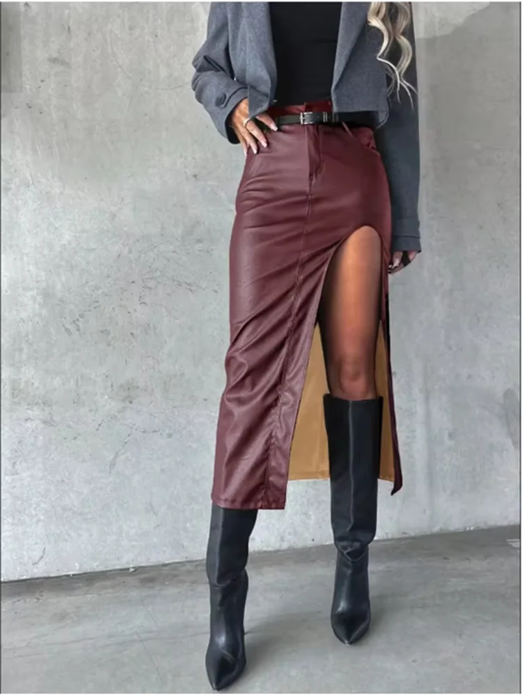 PU Leather Midi Skirt - Slit Hip Hugging Punk