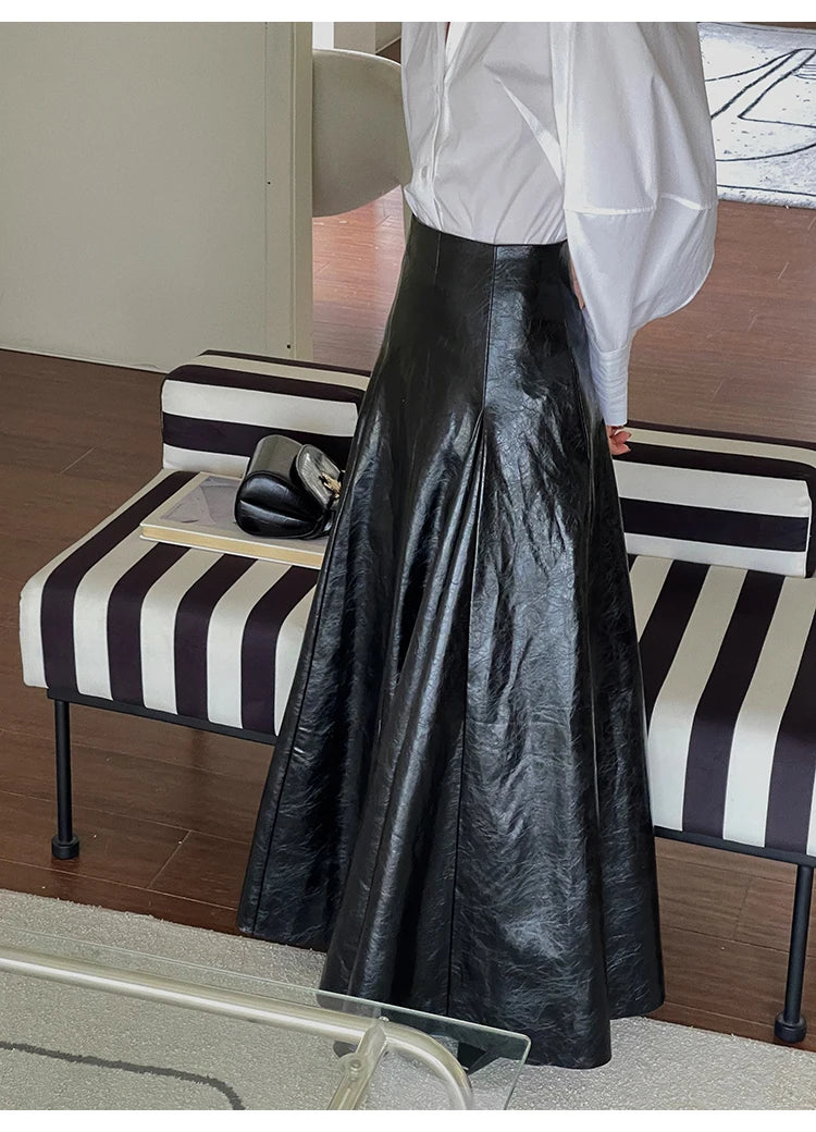 PU Leather Maxi Skirt - High Waist Pleated Black