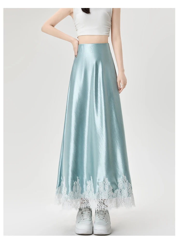 Satin Maxi Skirt - High Waist Side Slit Black