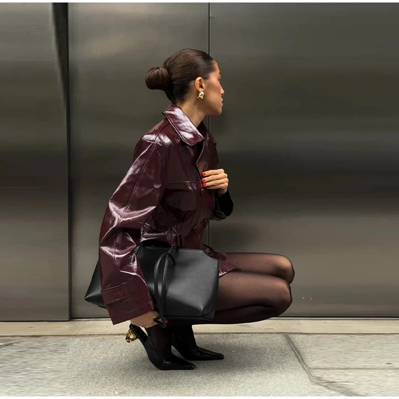 Two Piece Set - Leather Jacket & Mini Skirt