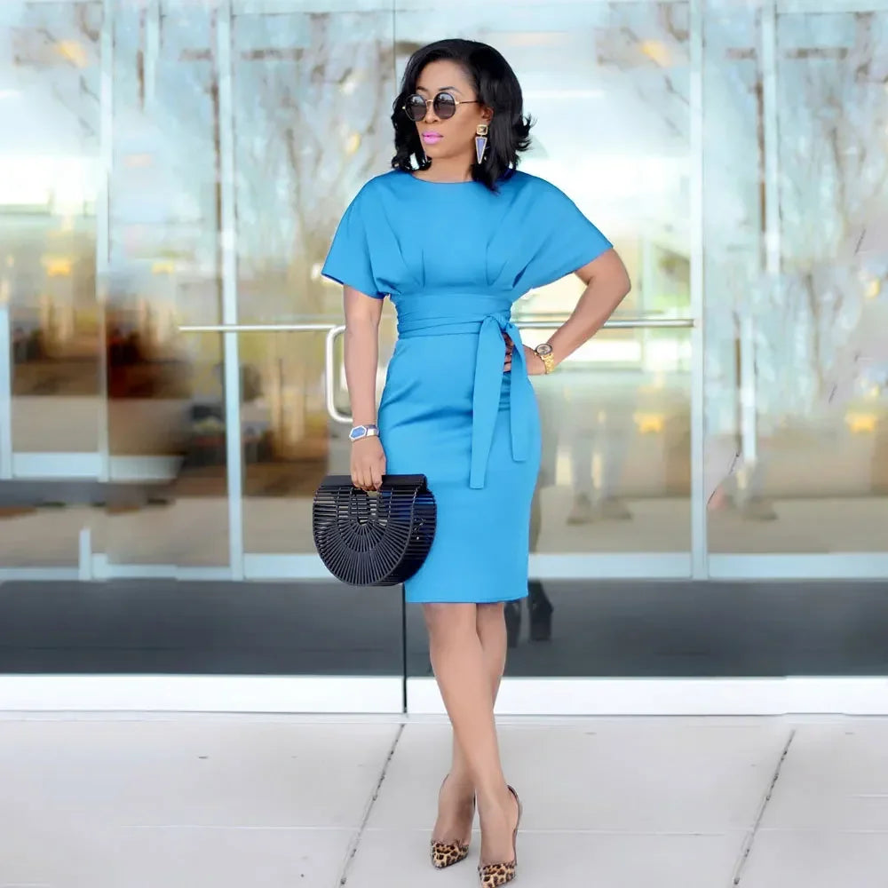 Pencil Midi Dress - Short Sleeve Belt Party