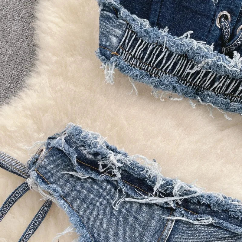 OIINAA Bathing Suit Women Sexy Denim Suits Bikini Set Lace Up Drawstring Beachwear 2025 Solid Summer Vintage Two-pieces Swimwear