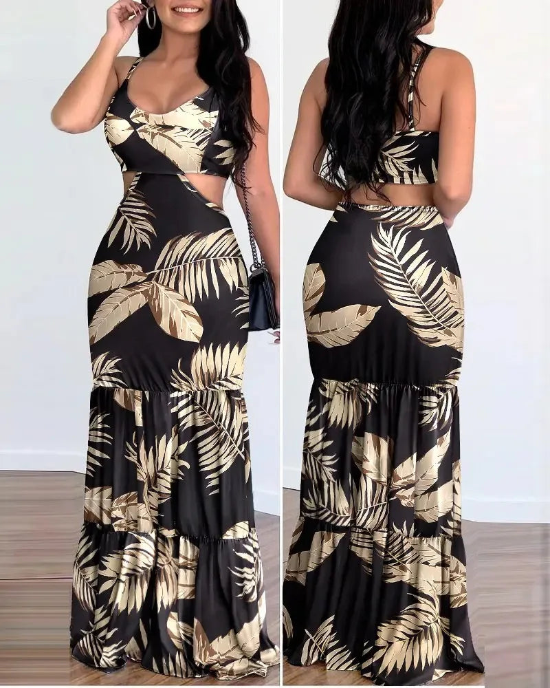Pencil Dress - V Neck Backless Print Sleeveless
