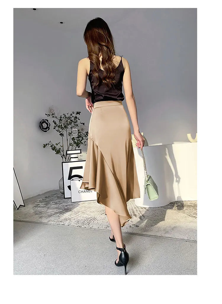 Satin Mermaid Long Skirt - High Waist Irregular