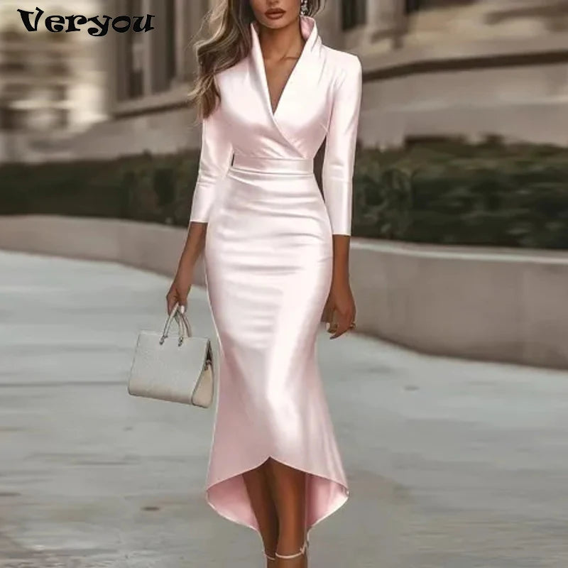Office Dress - V Neck Bodycon Satin Midi