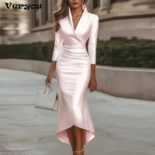 Office Dress - V Neck Bodycon Satin Midi