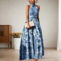 Vestido Largo Azul Floral Geométrico Sin Mangas Elegante Fiesta