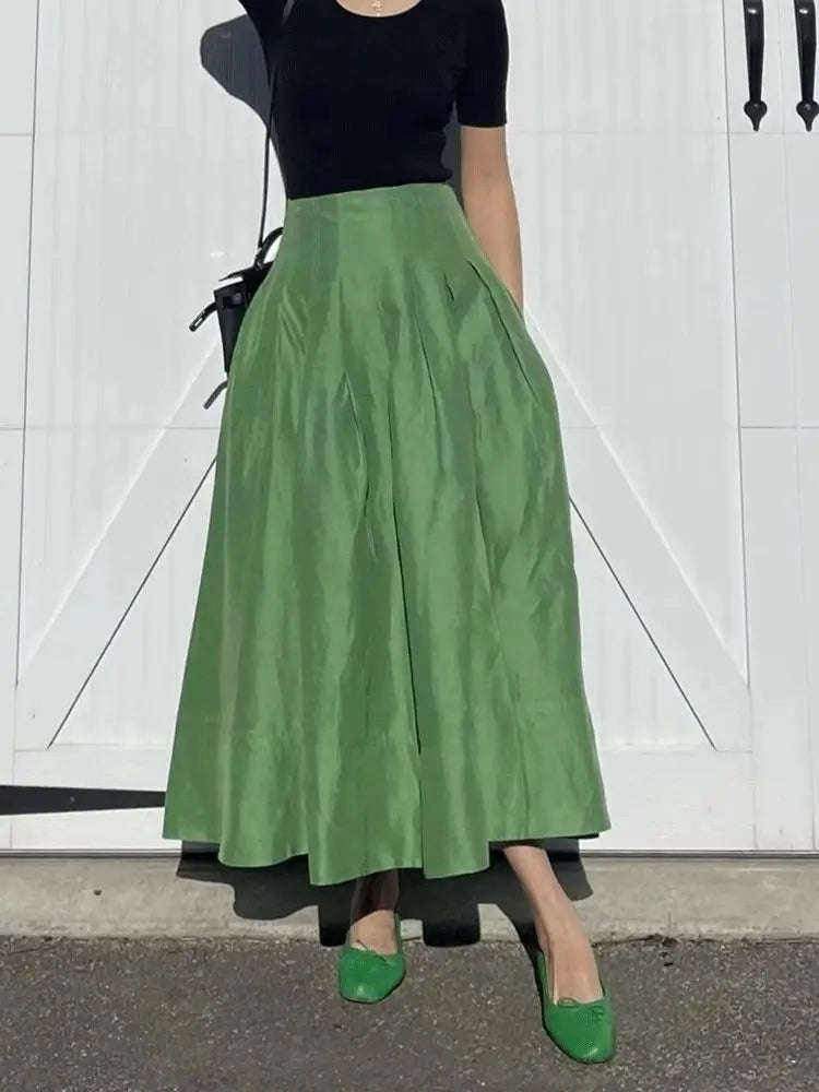 Pleated Long Skirt - High Waist Umbrella Green