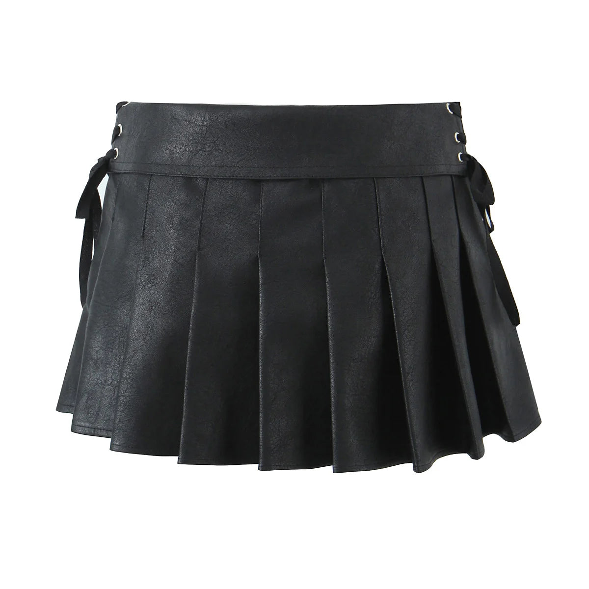 Y2K PU Leather Pleated Mini Skirt With Shorts lining Sexy Metal eyelets Cross Bandage Low Waist Short Skater Coffee Black
