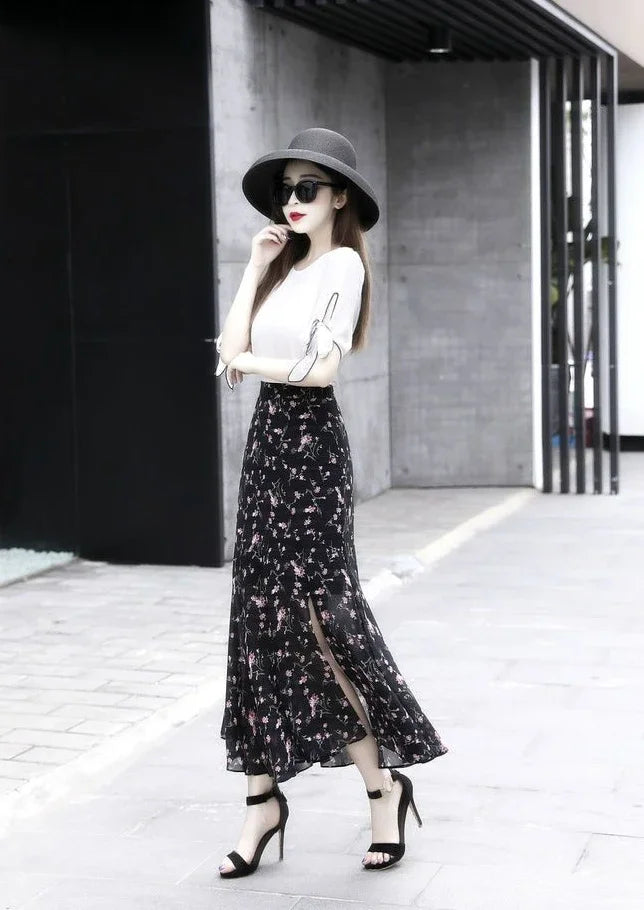 Velvet Midi Skirt - Belted Pleated Long