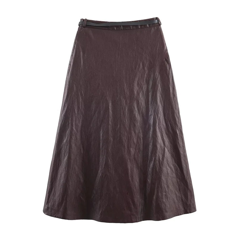 Falda Larga Faux Leather Marrón - Línea A Casual