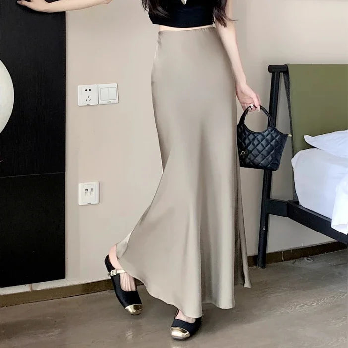 Satin Midi Skirt - High Waist Silk Champagne