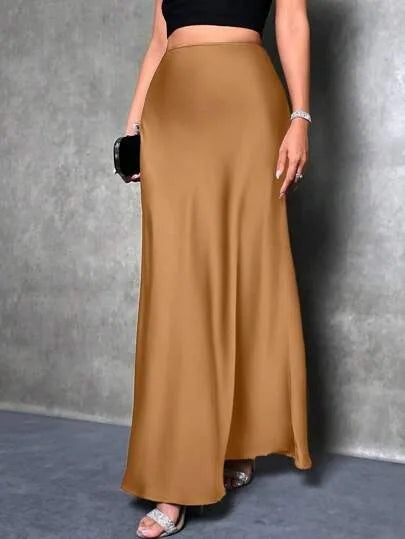 Satin Maxi Skirt - High Waist A-Line Champagne