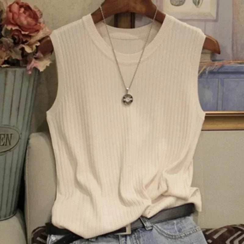 Blusa Sin Mangas Cuello Redondo Tejido Slim Fit Verano