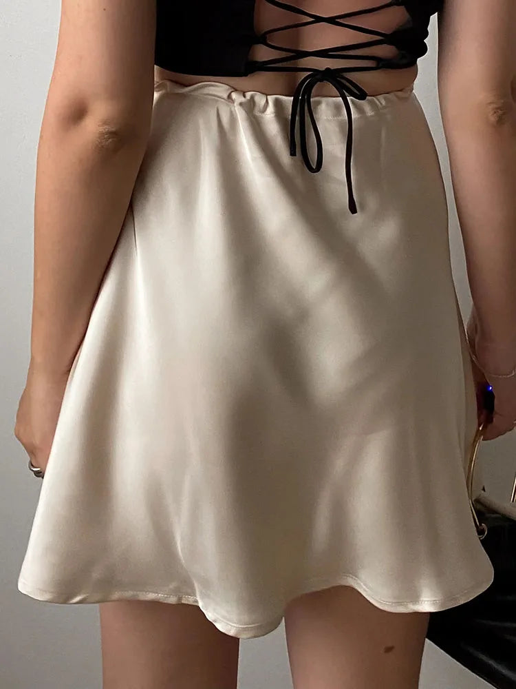 Satin Mini Skirt - Drawstring High Waist A-Line