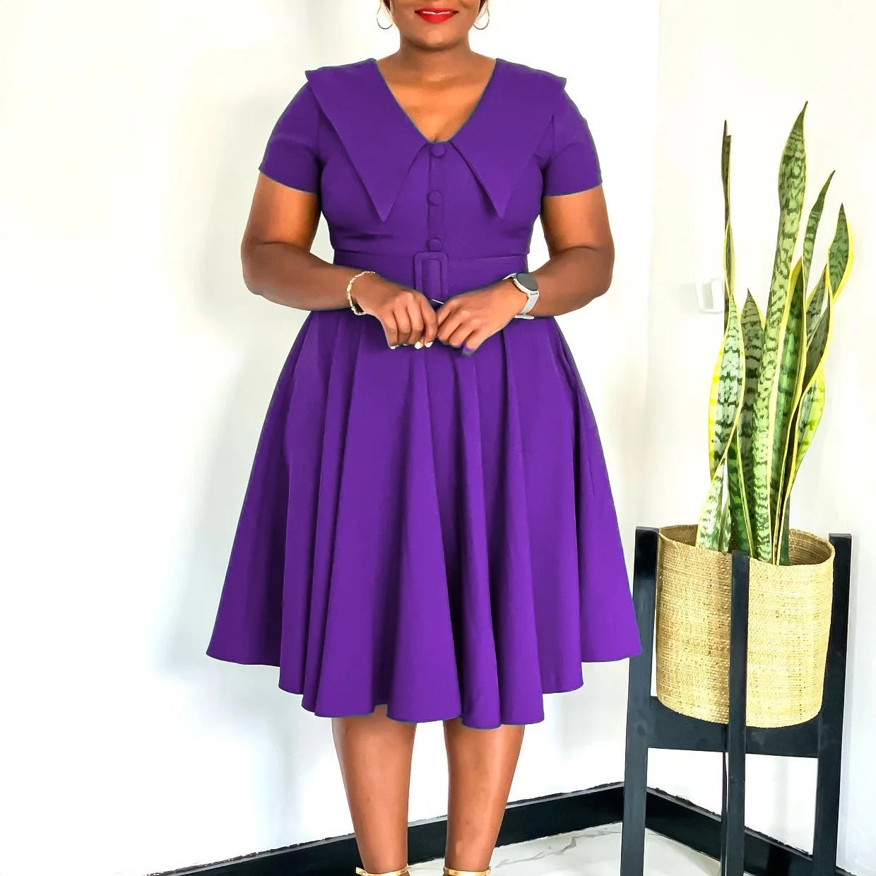 Office Dress - Turn Down Collar Pleated Midi