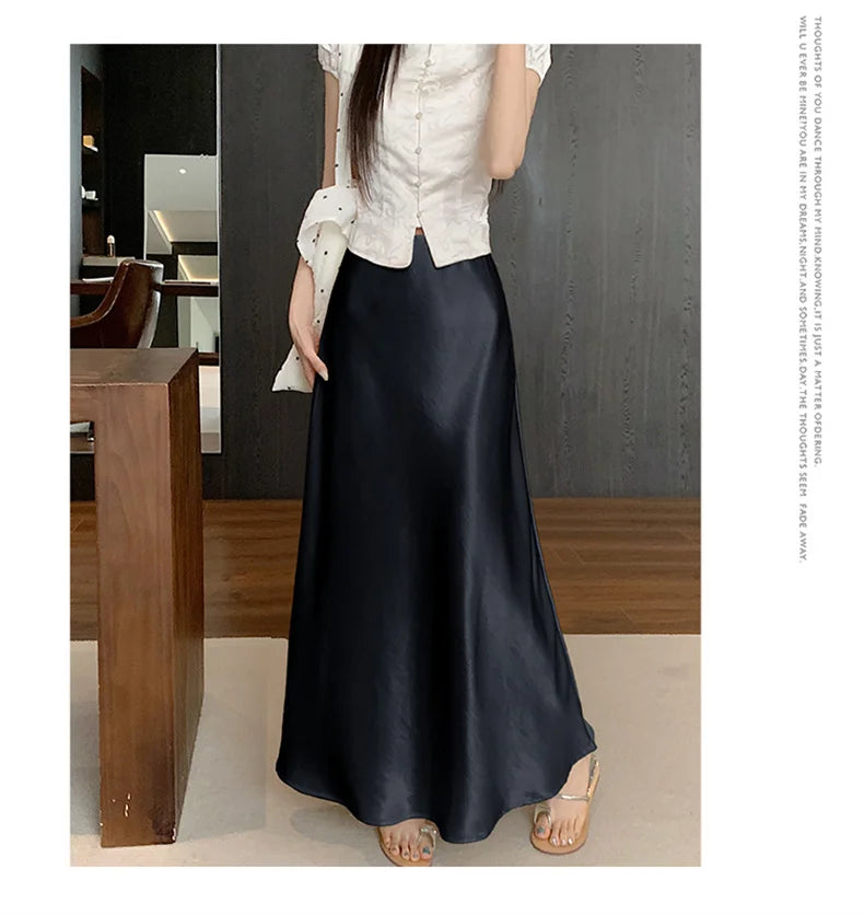 Pink Satin Midi Skirt - High Waist Fishtail Wrap