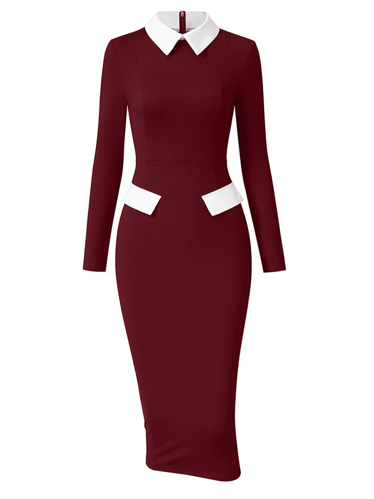Pencil Dress - Polo Collar Long Sleeve Office