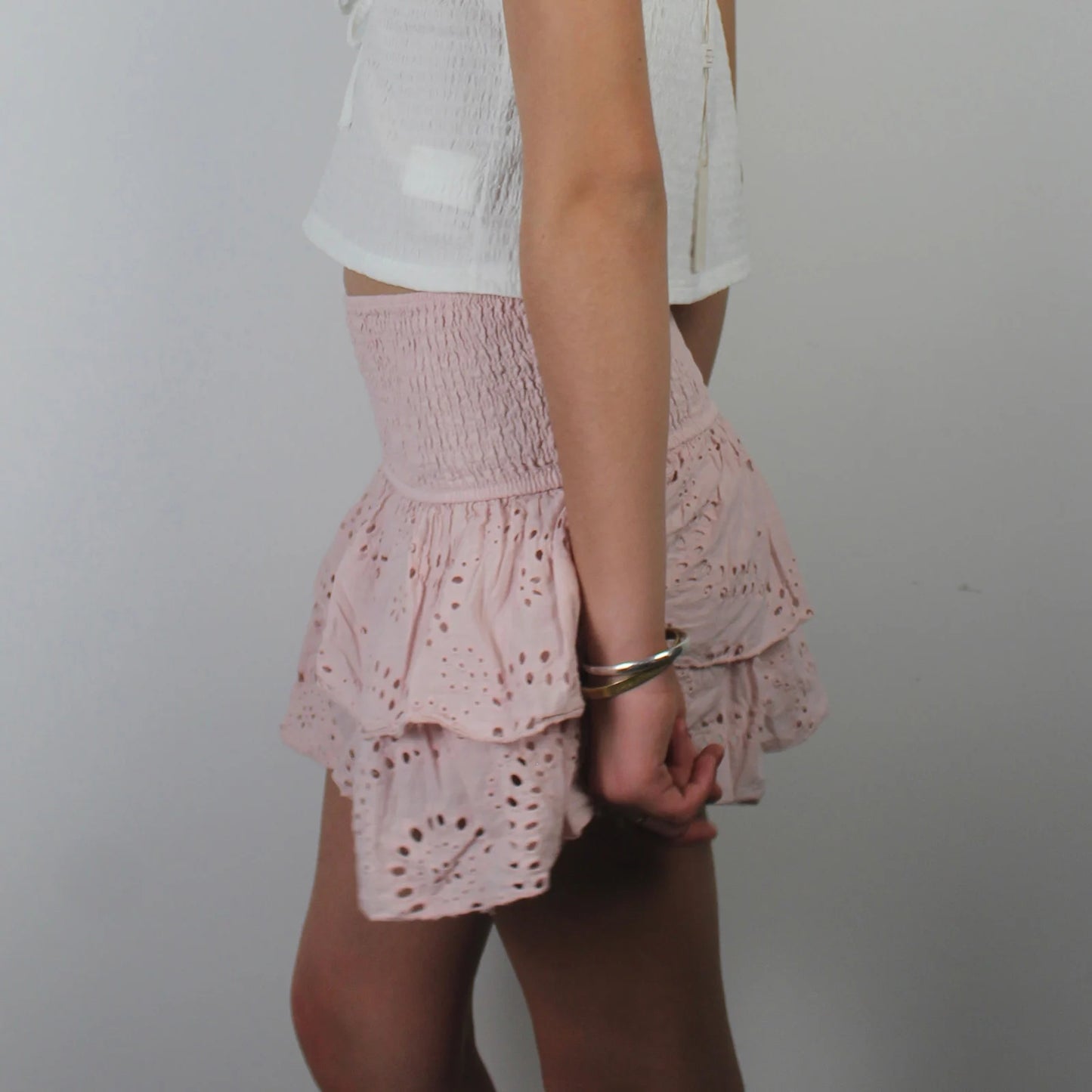 Shirred Mini Skirt - Layered Ruffle High Waist