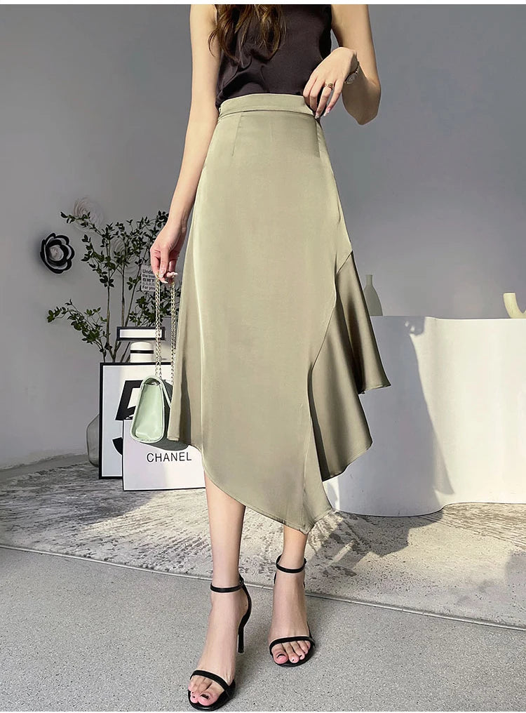 Satin Mermaid Long Skirt - High Waist Irregular