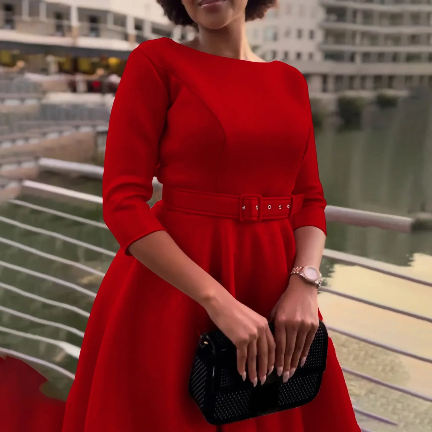 Party Dress - A-Line Belt Three Quarter Sleeve