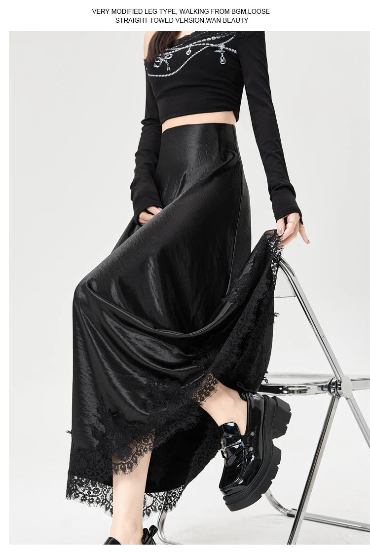 Satin Maxi Skirt - High Waist Side Slit Black