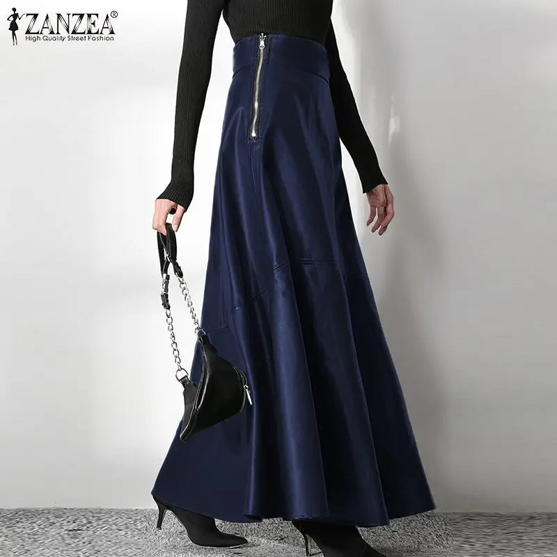 PU Leather Maxi Skirt - High Waist Zipper Style B