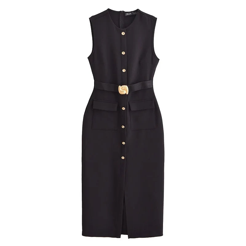Office Midi Dress - Belt Button Sleeveless Black