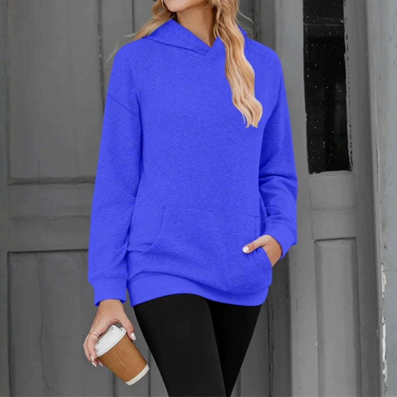 Polerón Mujer Capucha Manga Caída Color Sólido Bolsillos