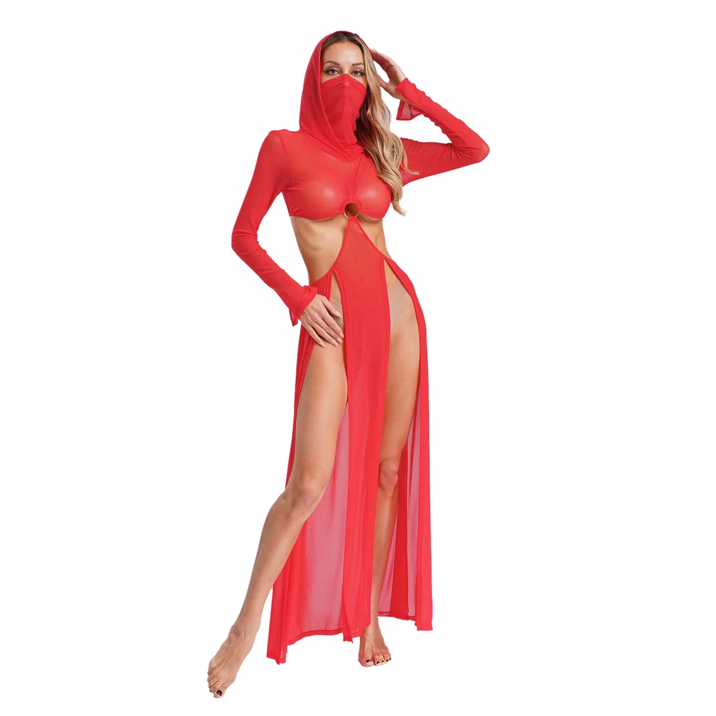 Sheer Maxi Dress - Hooded Face Mask High Slit