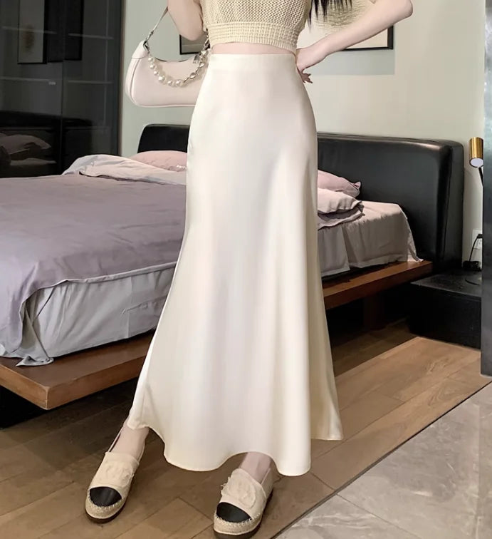 Satin Midi Skirt - High Waist Silk Champagne