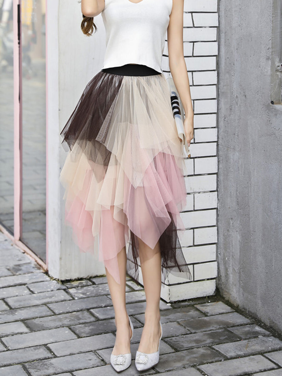 Tulle Midi Skirt - Elastic Waist Contrast Color