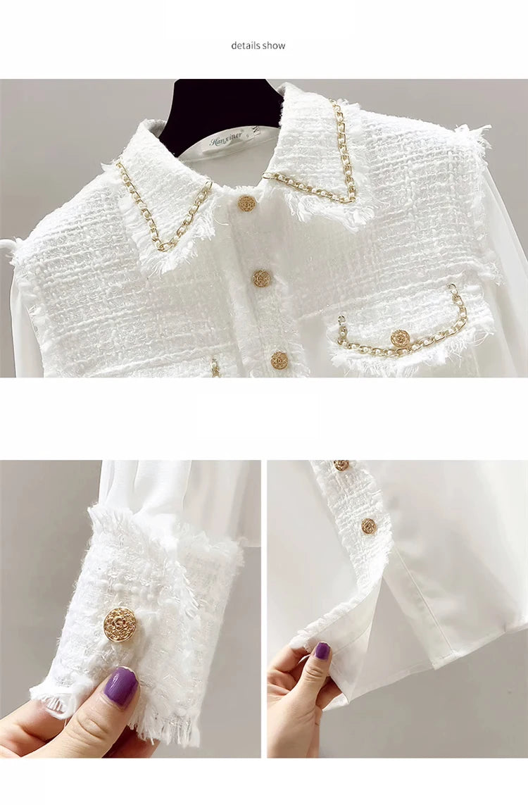Blusa Tejido Texturado Tweed Patchwork Cuello Vuelto Manga Larga