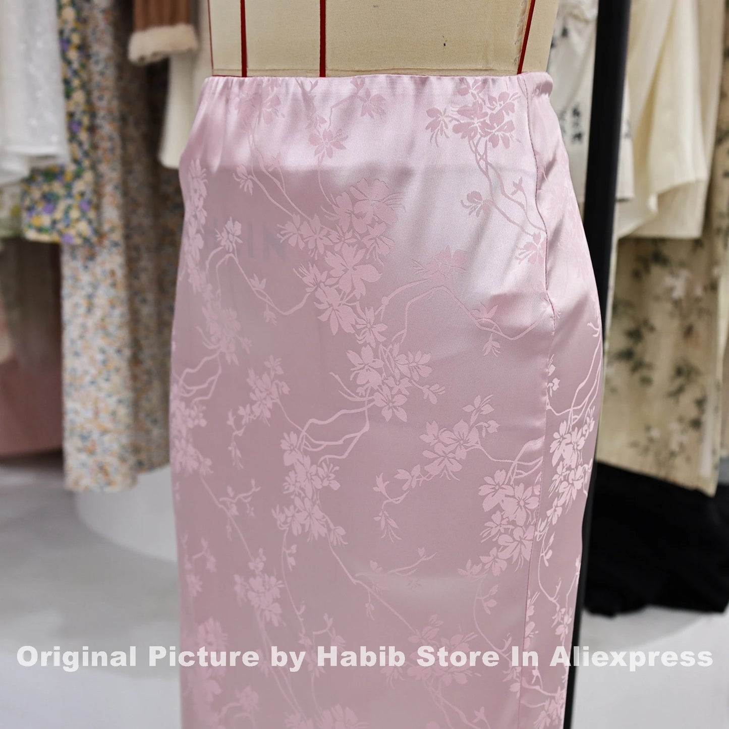 Pink Satin Pencil Midi Skirt - Floral Print