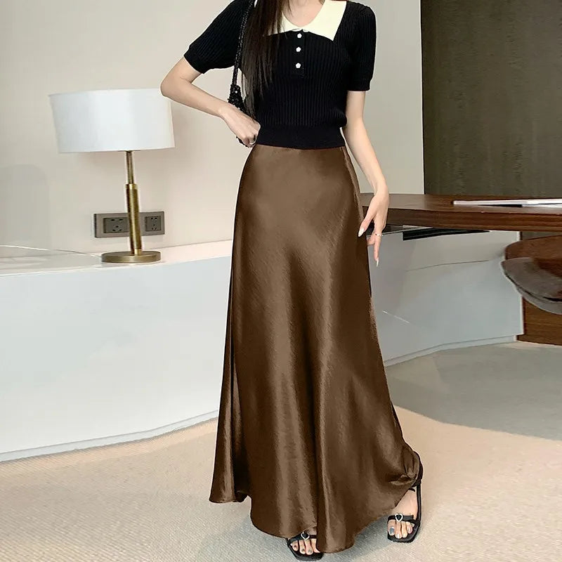 Pink Satin Midi Skirt - High Waist Fishtail Wrap