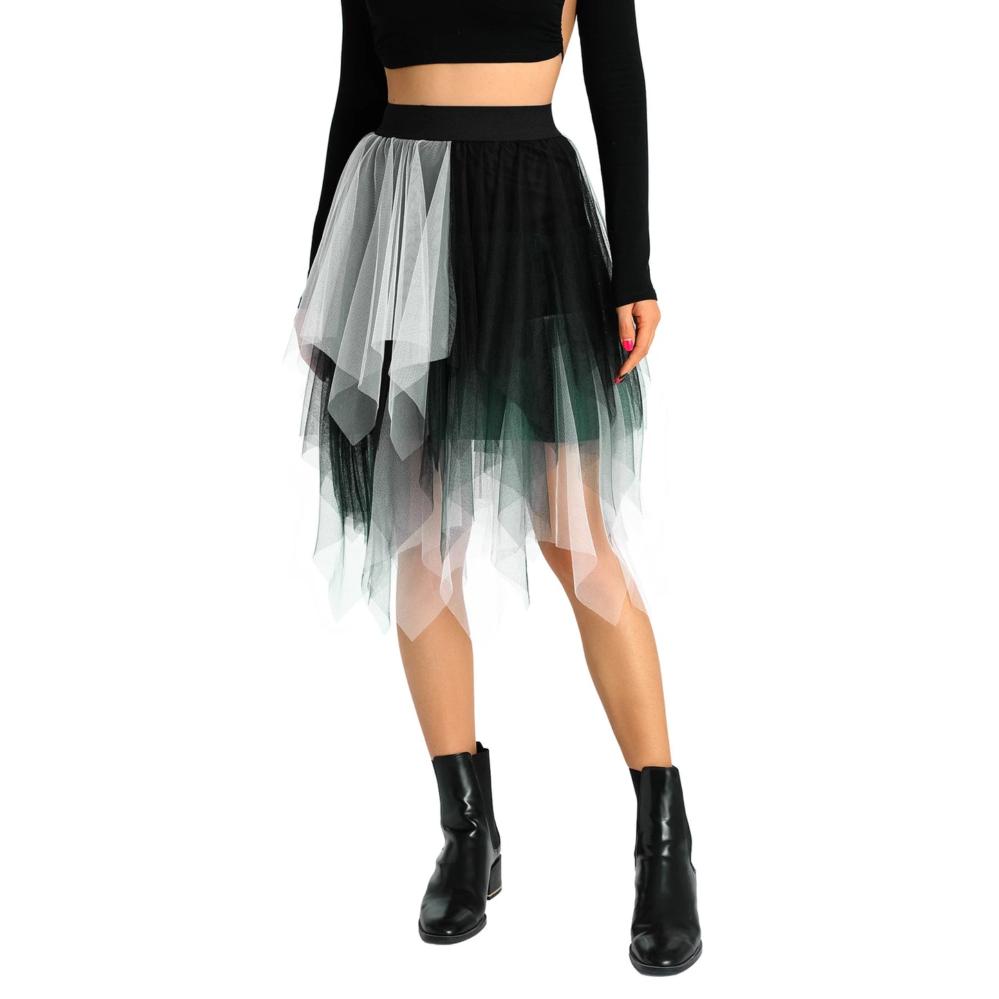 Tulle Midi Skirt - Elastic Waist Contrast Color