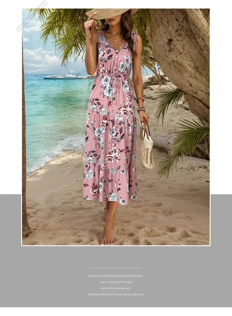 Vestido Largo Casual Floral Escote V Sin Mangas Mujer