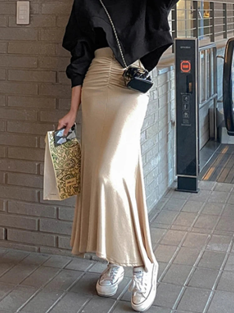 Falda Midi Satén Fruncida Mujer Línea A