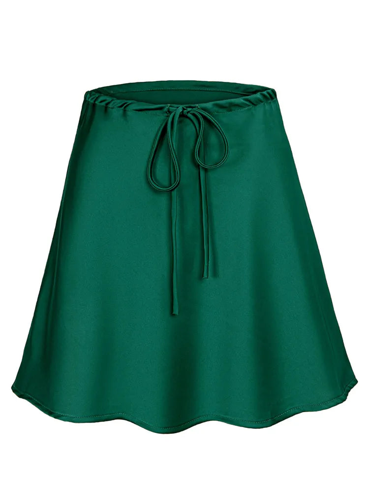 Satin Mini Skirt - Drawstring High Waist A-Line