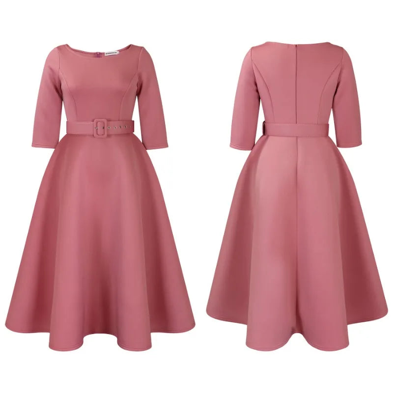 Party Dress - A-Line Belt Three Quarter Sleeve