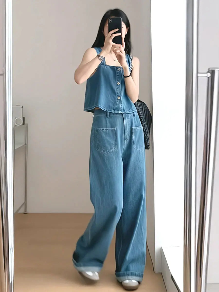 Denim Two Piece Set - Sleeveless Top & Wide Leg Pants