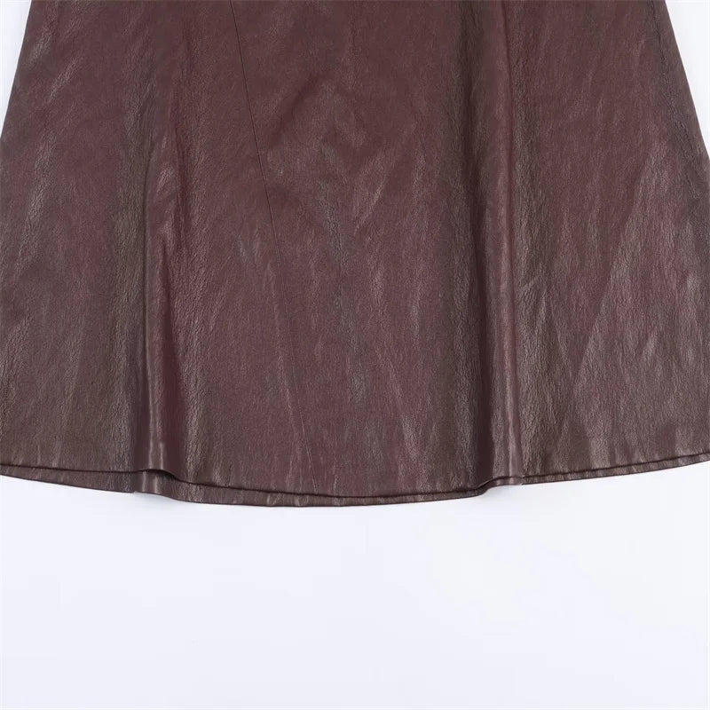 Falda Larga Faux Leather Marrón - Línea A Casual