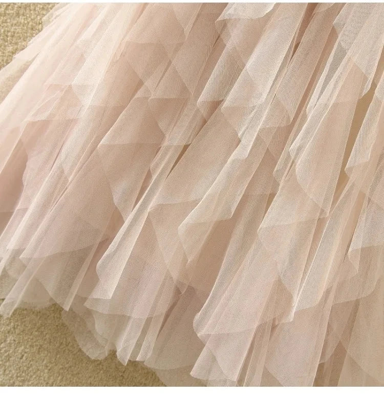 Tulle Maxi Skirt - High Waist Pleated Pink