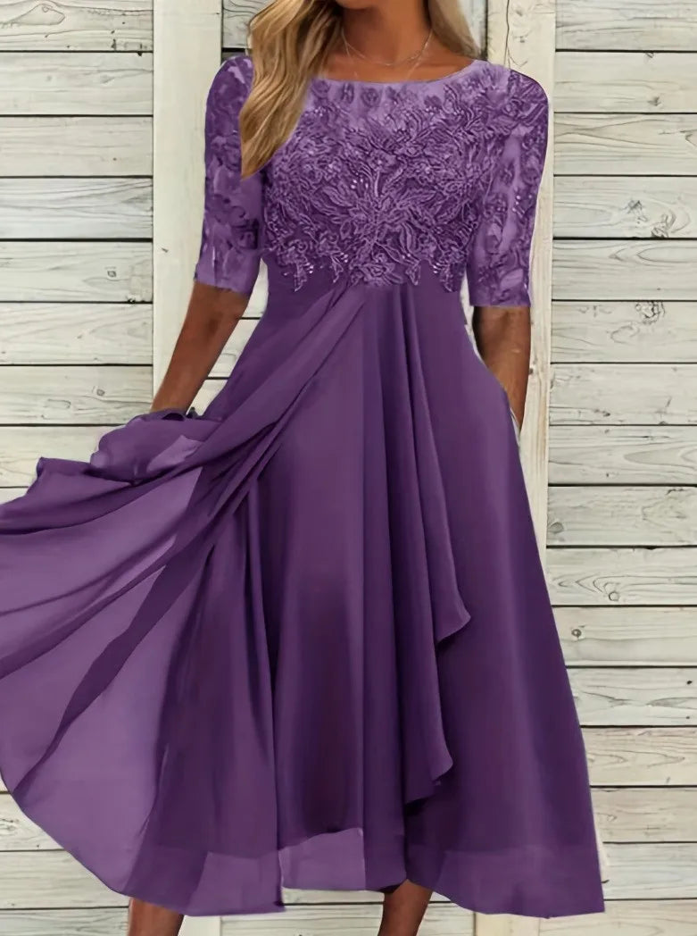 Vestido Midi Elegante Mujer Asimétrico Encaje Chifón Banquete